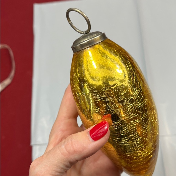 GOLD Bulb Ornament Mercury Glass crackled shiny Long vintage metal loop top Xmas - Picture 2 of 16